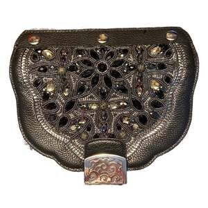 Brighton Anju Black Leather Pewter Gunmetal Snappy Minibag Flap h8109